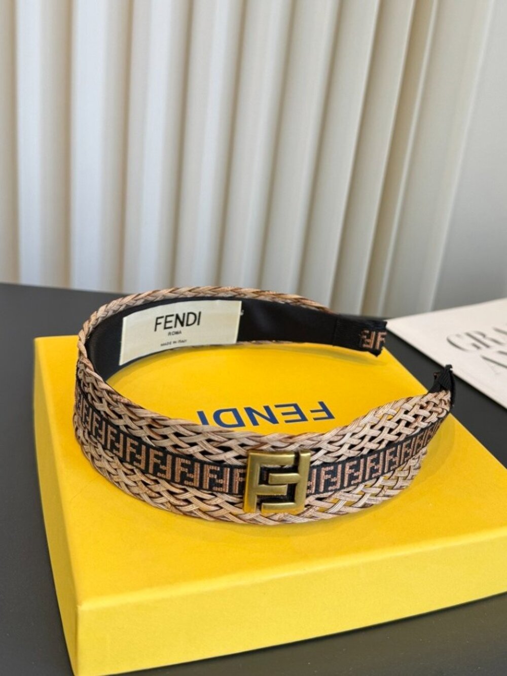 Fendi Woven Raffia FF Jacquard Wide Headband Gold FF Buckle
